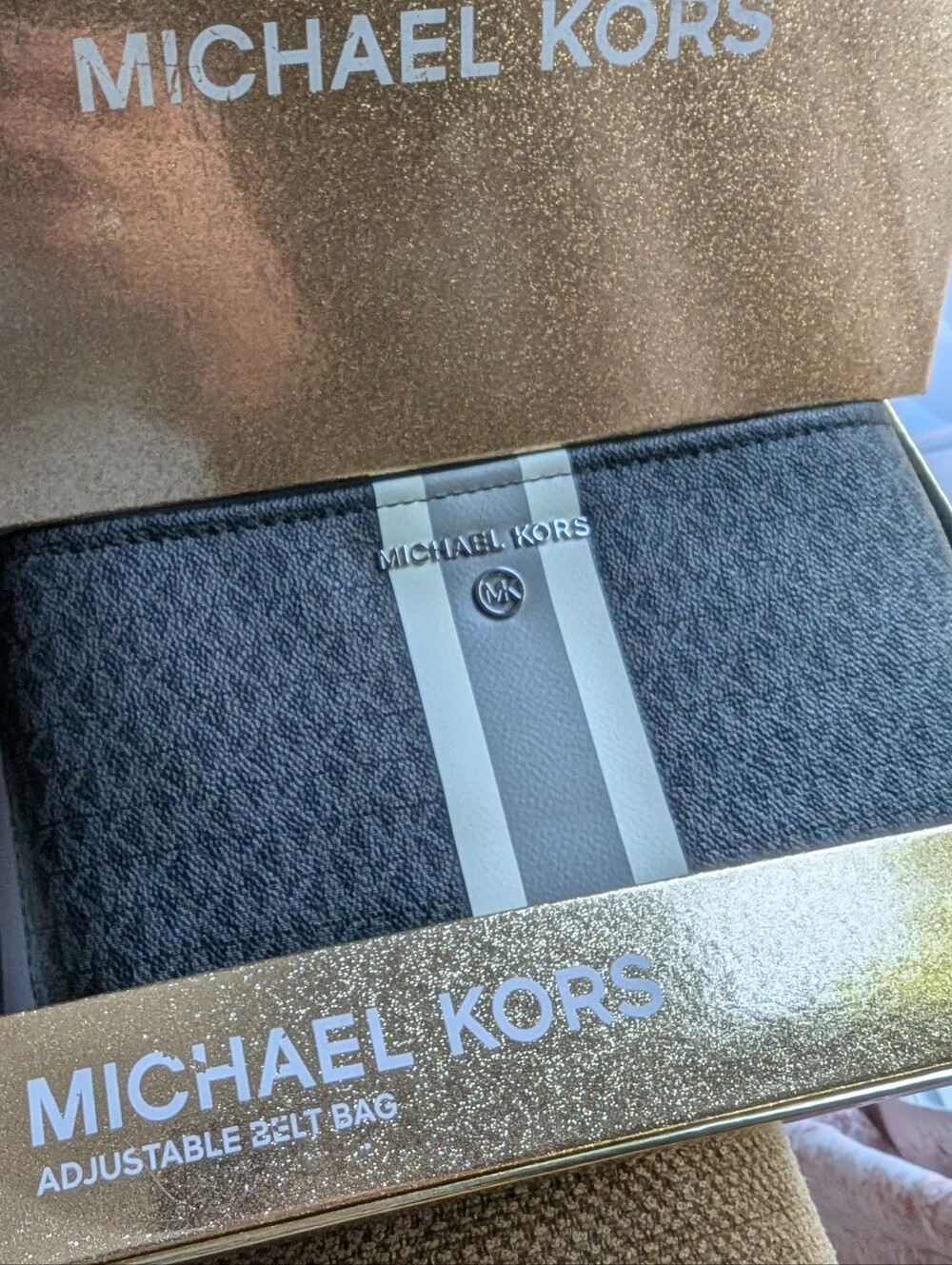 Michael Kors Black and Gray Logo-Stripe Adjustable Belt Bag